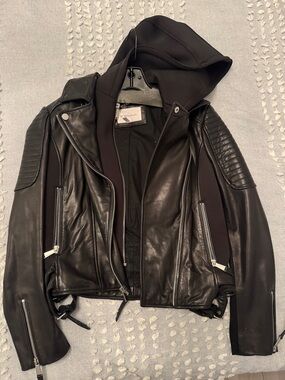 BCBG Black Leather Hooded Moto Jacket - women size M